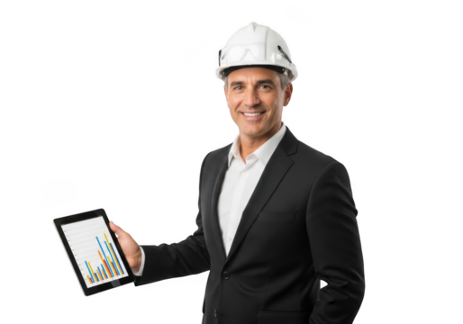 Smiling middle aged man wearing a white hard hat and dark suit holding a tablet displaying charts isolated on transparent background