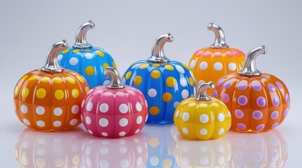 Colorful polka dot pumpkins with silver stems display