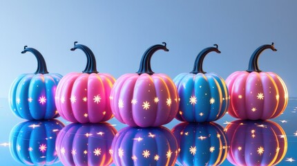 A row of colorful pumpkins with star shaped lights on