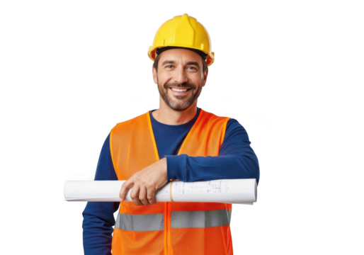 Smiling construction worker wearing yellow hard hat and orange safety vest holding blueprints isolated on transparent background