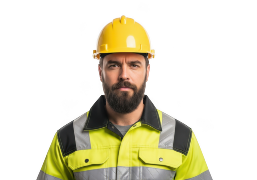 Serious bearded construction worker wearing yellow hard hat and high visibility safety jacket isolated on transparent background