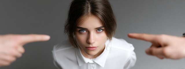 a close-up portrait of a woman with blue eyes pointing towards two hands