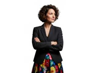 Woman in blazer and colorful skirt isolated on transparent background
