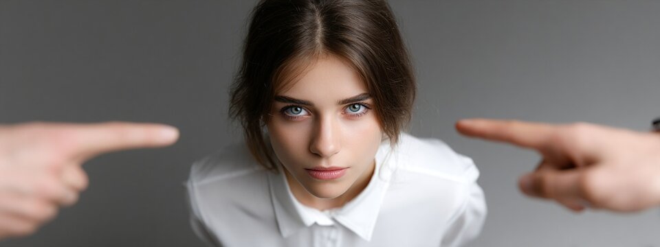 a close-up portrait of a woman with blue eyes pointing towards two hands