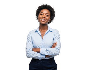 Smiling woman with arms crossed isolated on transparent background