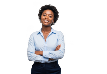 Smiling woman with arms crossed isolated on transparent background