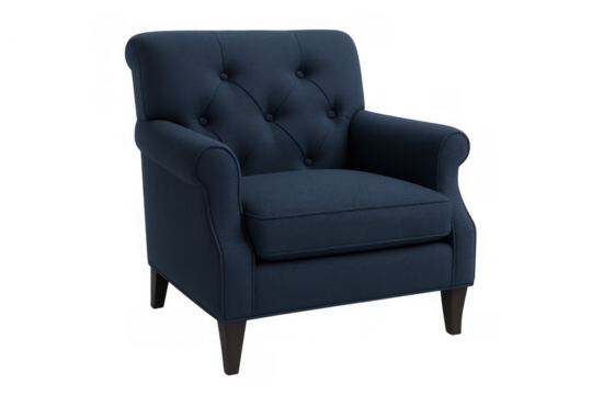 Blue fabric armchair featuring a tufted backrest and comfortable seating for a classic and elegant living room furniture piece