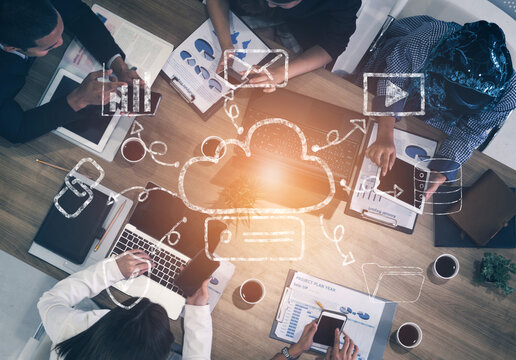 A hand drawn doodle of a cloud computing services ecosystem. A creative sketch of a network for data storage, sharing, and online applications. Motif