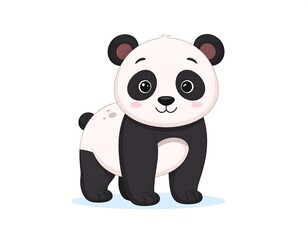 Naklejka premium Cartoon panda bear with black ears, patches, and a small tail on a white background