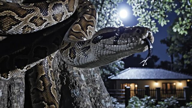 A large python coiled in a tree at nighttime with house view