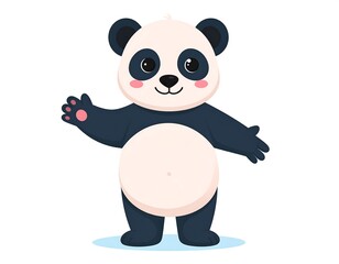 Cartoon panda illustration standing, waving a paw, with cute pink cheeks and a smile
