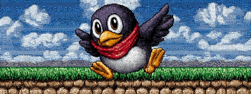 a pixel art depiction of a penguin running along a field with a blue sky and clouds in the background