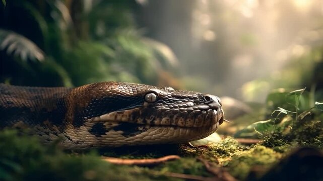 Serene Forest Scene with a Coiled Python Among Lush Greenery