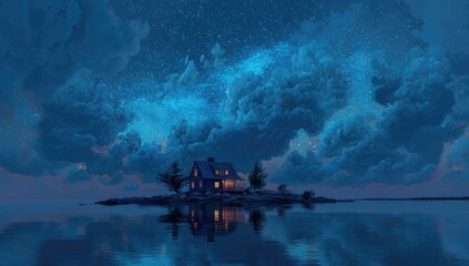 Cozy house on island, starry night, calm lake