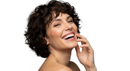 Smiling woman with curly hair laughing and touching her face, isolated on transparent background