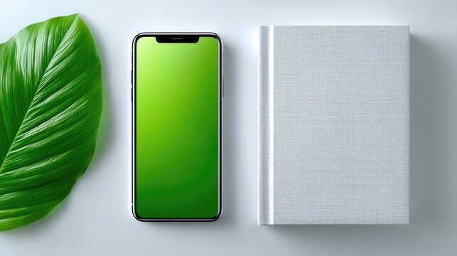 Clean Flat Lay Photo Featuring a Smartphone with a Vibrant Green Screen Next to a Notebook and a Lush Green Leaf on a Light Gray Background with Soft Lighting - Powered by Adobe