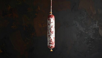 Close-up of a hanging salami, showcasing texture, on dark rustic background