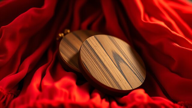 castanets. A pair of wooden castanets resting on the textured folds of a vibrant red Flamenco skirt. event programs, museum guides, designed for cultural heritage projects and event programs.