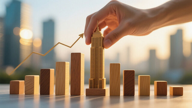 Rising real estate investment with upward trend and hand placing building for growth, symbolizing success in property market and financial gain