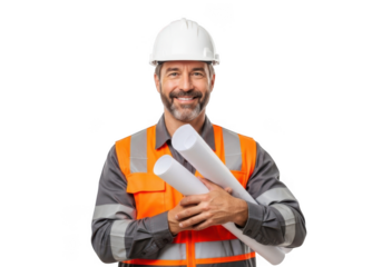 Smiling construction worker wearing a white hard hat and orange safety vest holding rolled blueprints isolated on transparent background