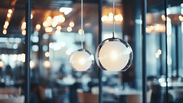 Elegant hanging lights illuminate a modern restaurant setup during evening hours