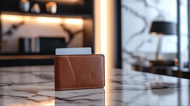 Elegant brown leather wallet resting on a modern marble table in a stylish indoor setting during daylight hours