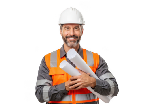 Smiling construction worker wearing a white hard hat and orange safety vest holding rolled blueprints isolated on transparent background