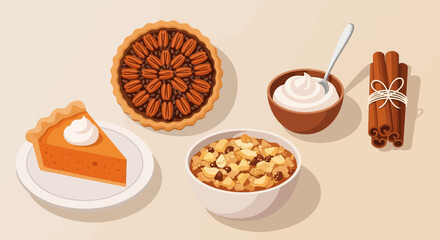 Flat Thanksgiving Dessert Icon Set — Pumpkin Pie, Apple Crumble, and Sweet Treats