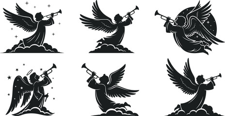 Angel silhouette blowing trumpet, religious celestial art, spiritual illustration, heavenly figure with wings, black and white divine design, clouds, stars