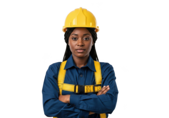 A serious construction worker wearing a yellow hard hat and blue uniform with safety harness isolated on transparent background