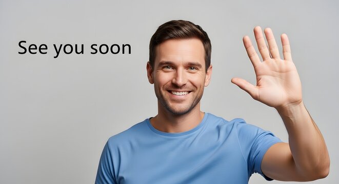 A friendly man in a blue shirt smiles and waves his hand in greeting, creating a welcoming and approachable image that suggests positivity and connection