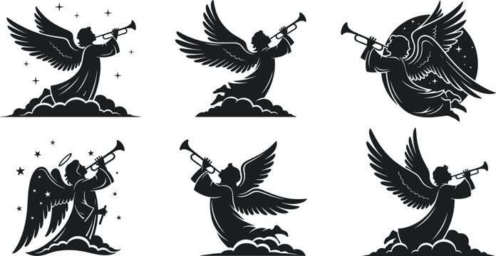 Angel silhouette blowing trumpet, religious celestial art, spiritual illustration, heavenly figure with wings, black and white divine design, clouds, stars