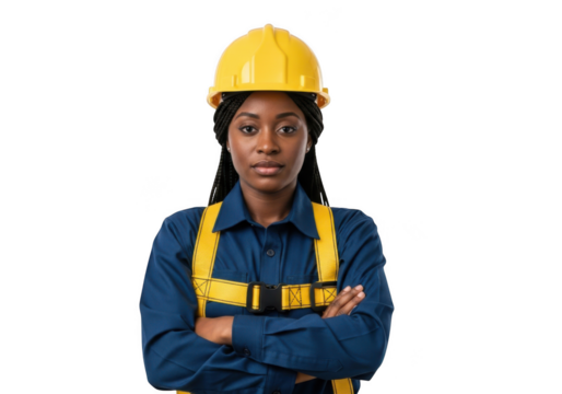 A serious construction worker wearing a yellow hard hat and blue uniform with safety harness isolated on transparent background