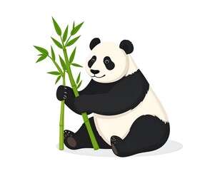 Obraz premium Cartoon panda sitting holding green bamboo shoots, against a white background