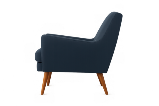 Navy blue armchair with wooden legs, depicting comfortable furniture for contemporary home decor and stylish interior design, cutout - Powered by Adobe