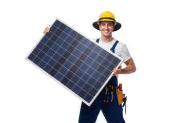 Smiling construction worker wearing a yellow hard hat and blue overalls holds a solar panel isolated on transparent background