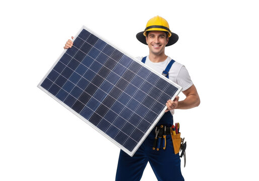 Smiling construction worker wearing a yellow hard hat and blue overalls holds a solar panel isolated on transparent background