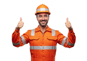 Smiling construction worker in high visibility orange safety uniform and hard hat giving two thumbs up gesture isolated on transparent background