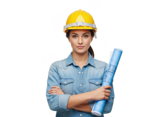 A confident female architect wearing a yellow hard hat and denim shirt holding blueprints isolated on transparent background