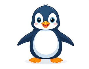 Fototapeta premium Cartoon penguin with white belly, blue back, and orange beak standing with spread wings