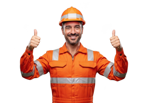 Smiling construction worker in high visibility orange safety uniform and hard hat giving two thumbs up gesture isolated on transparent background