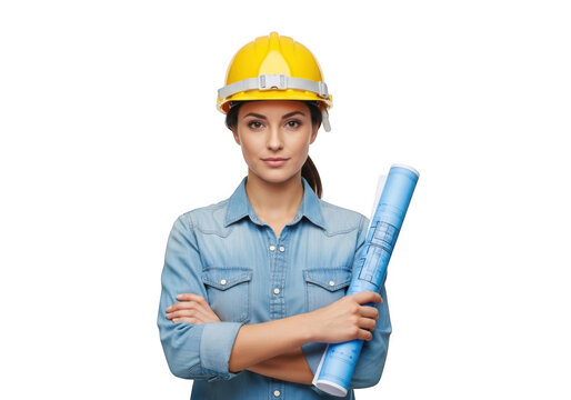 A confident female architect wearing a yellow hard hat and denim shirt holding blueprints isolated on transparent background - Powered by Adobe