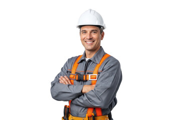 Smiling construction worker wearing a white hard hat and safety harness with arms crossed isolated on transparent background