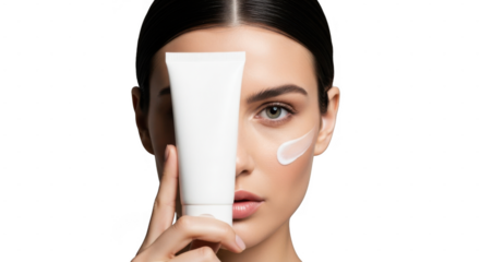 Young woman applying facial cream tube to cheek isolated on transparent background