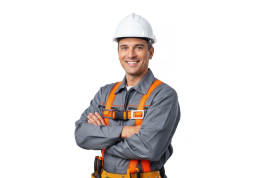 Smiling construction worker wearing a white hard hat and safety harness with arms crossed isolated on transparent background