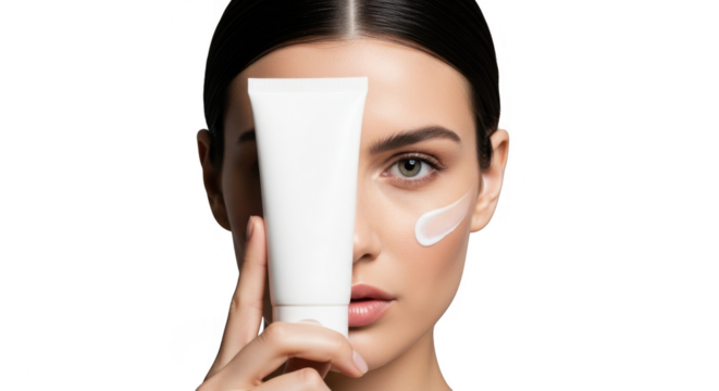 Young woman applying facial cream tube to cheek isolated on transparent background