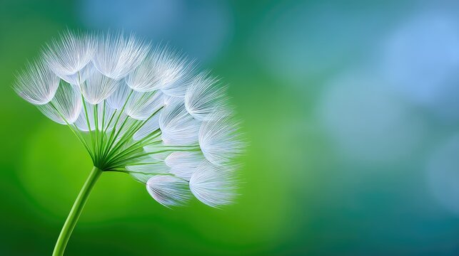 Close up macro shot of a white dandelion seed head with a water droplet on a green blurred background with bokeh