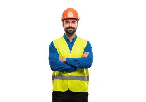 A construction worker wearing an orange hard hat and a yellow safety vest stands with arms crossed isolated on transparent background - Powered by Adobe