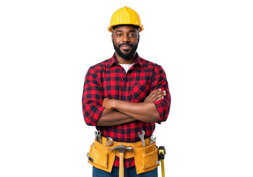Serious black male construction worker wearing yellow hard hat red plaid shirt and tool belt arms crossed isolated on transparent background