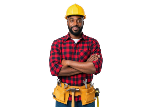 Serious black male construction worker wearing yellow hard hat red plaid shirt and tool belt arms crossed isolated on transparent background